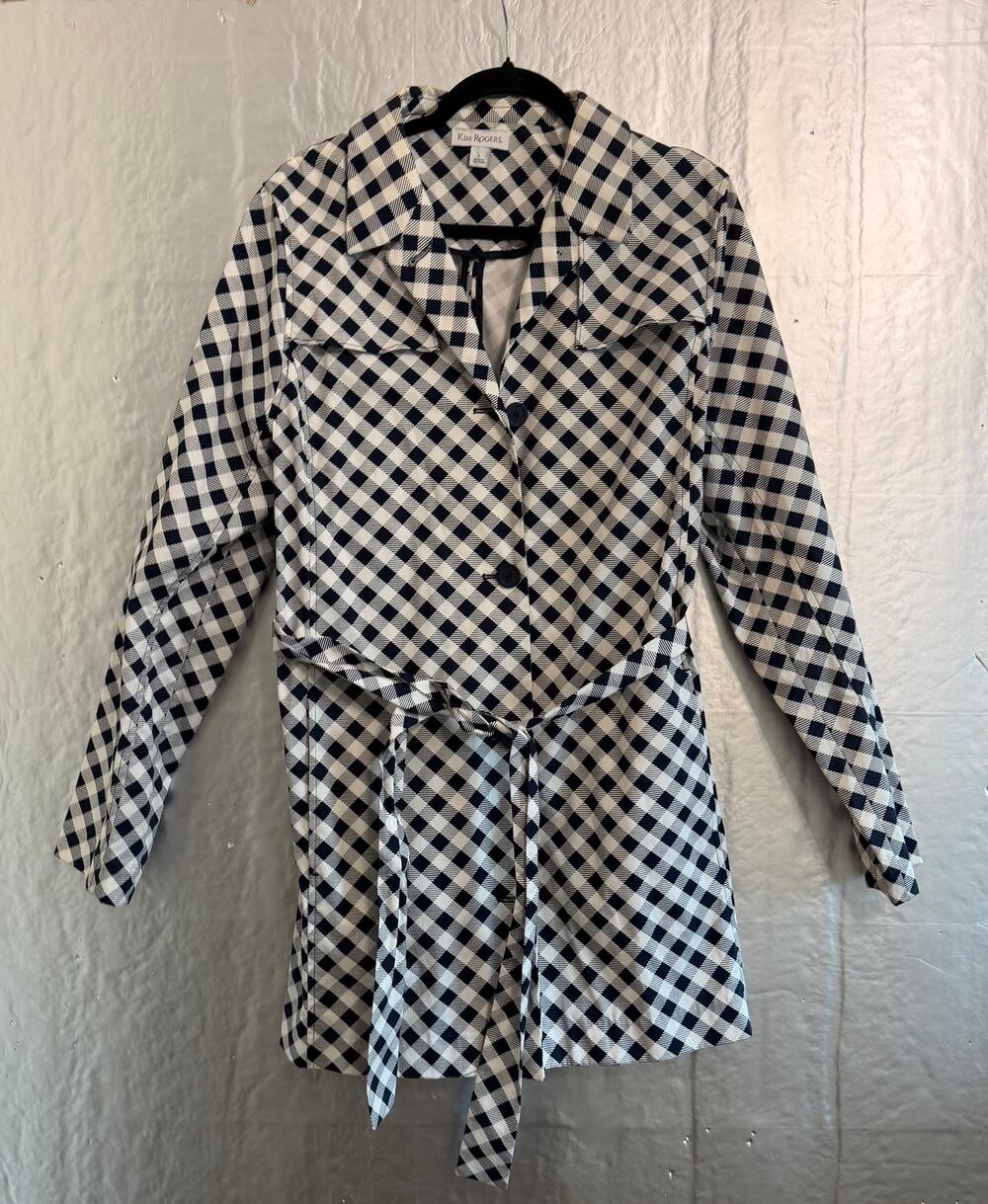 Kim Rogers Large Navy White Gingham Belted Jacket